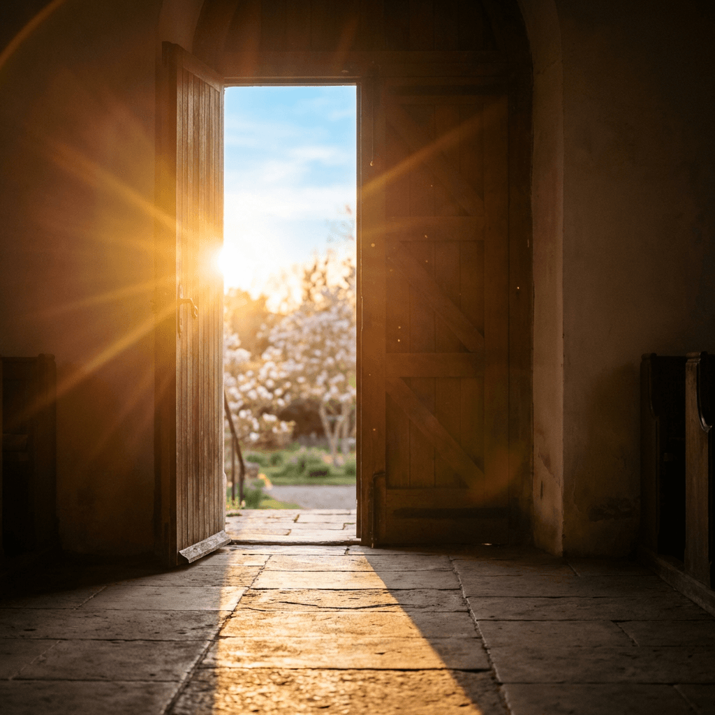 An open church door with warm sunlight streaming through, representing new opportunities
