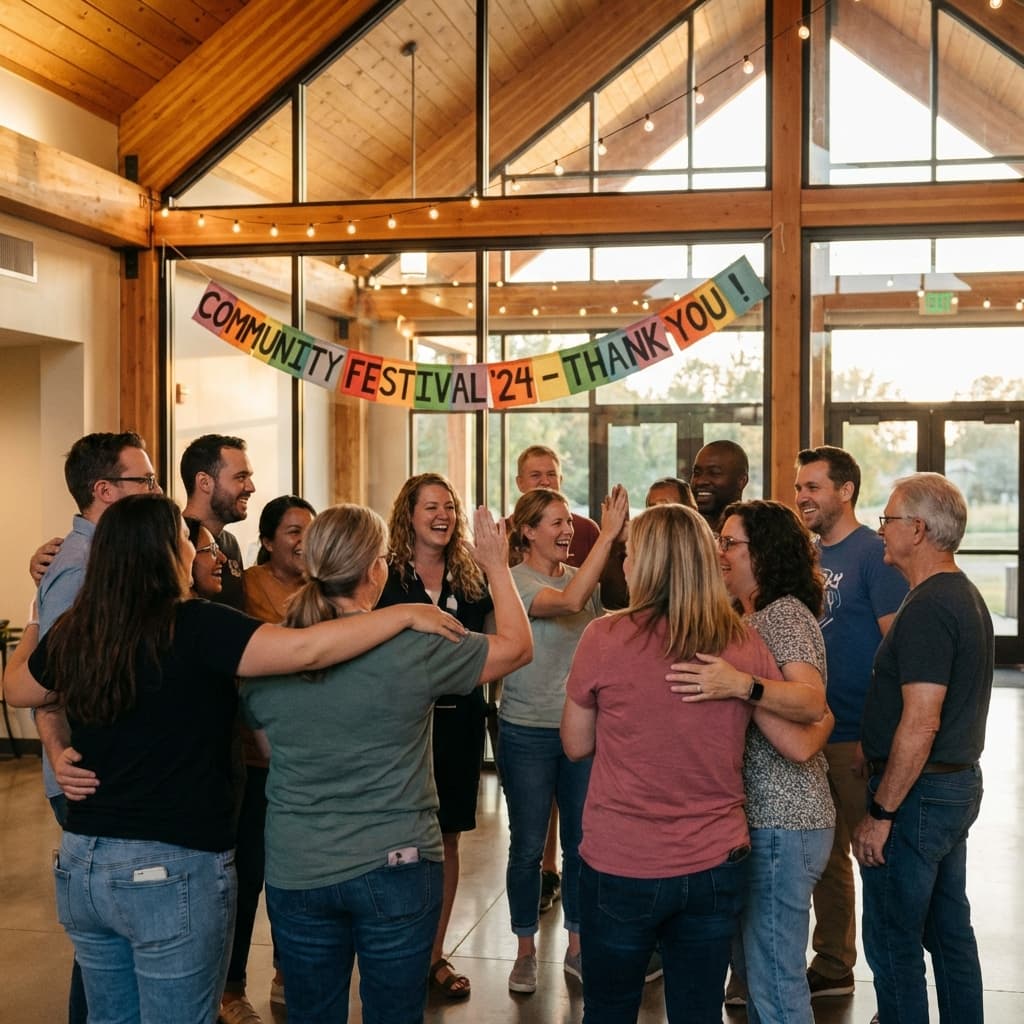 A church team celebrating together after a successful community event