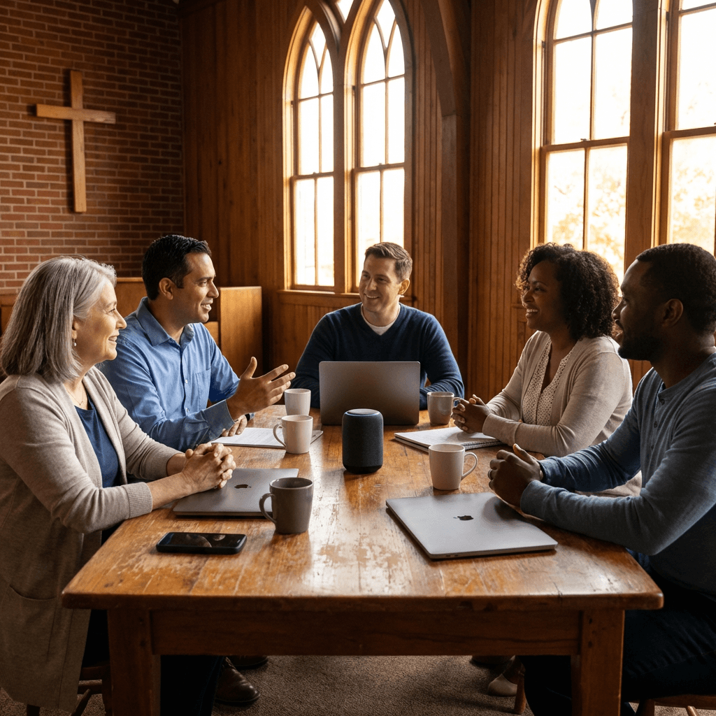 Church communications team collaborating in a church office