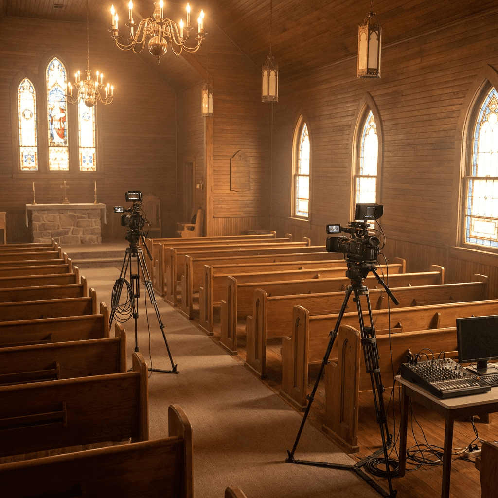Church sanctuary with livestream camera setup