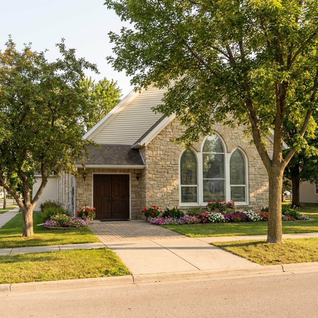 Church building exterior on a sunny morning