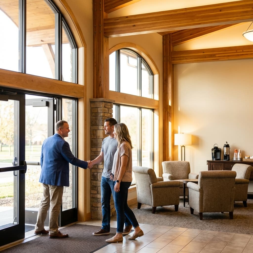 A warm church lobby with a friendly greeter welcoming visitors through the front door