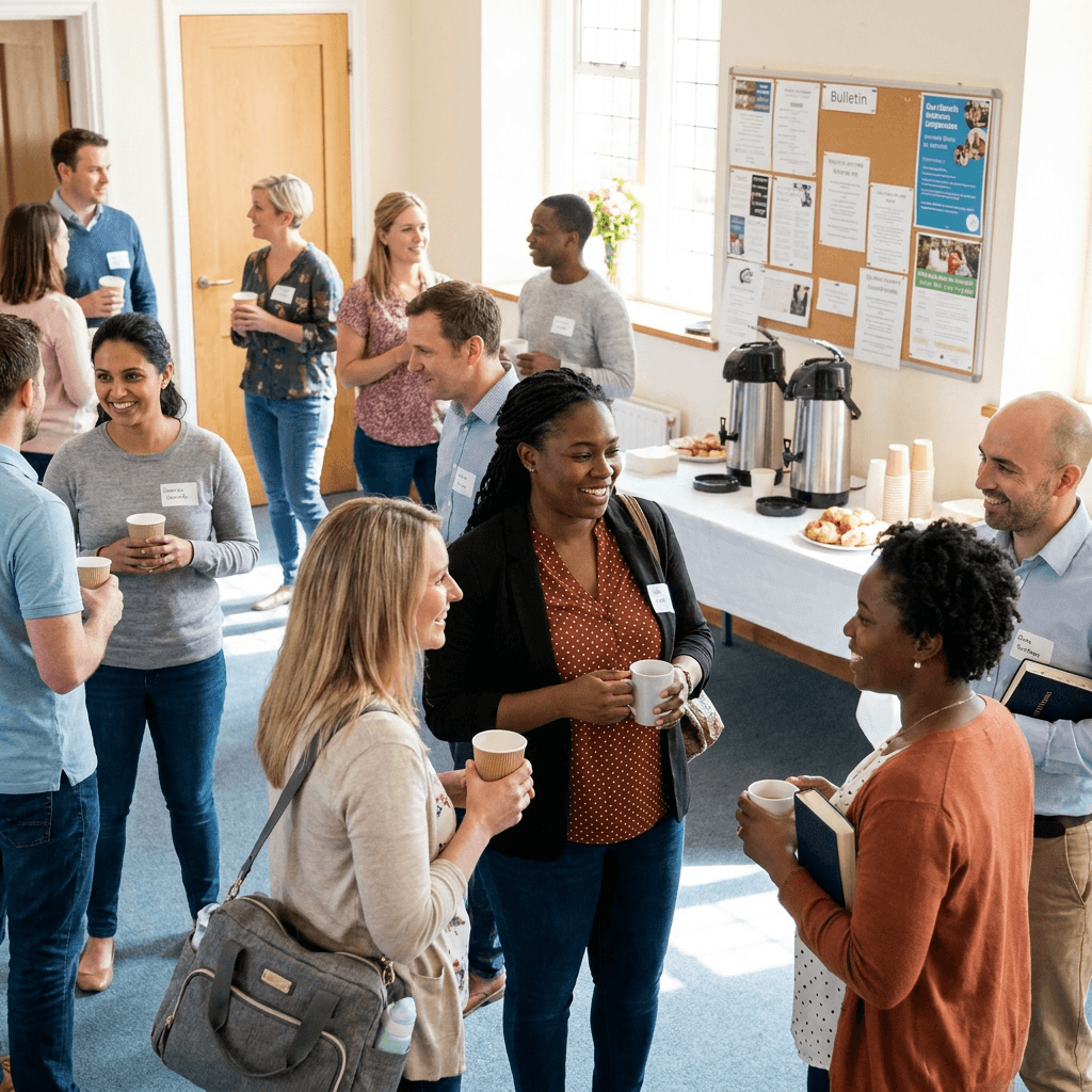 Church members having fellowship and coffee after a service